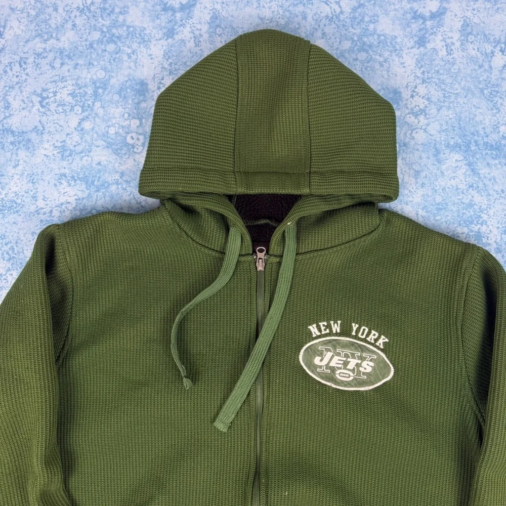 NFL New York Jets Full Zip Waffle Knit Fleece Lined Hoodie Green Mens Large